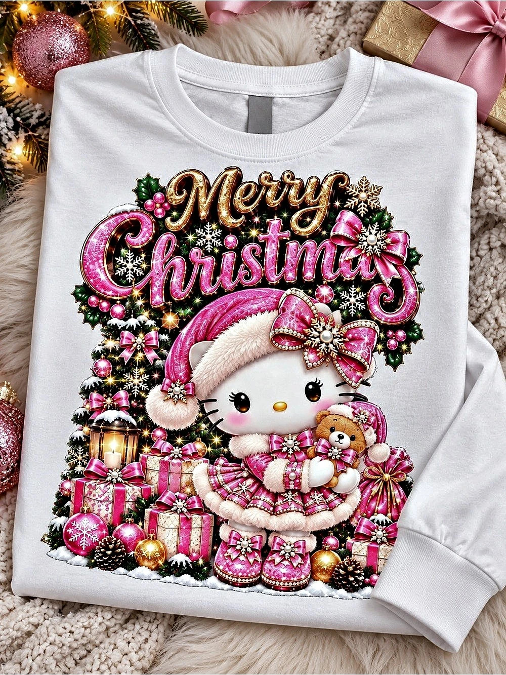 Hello Kitty Holiday Christmas T-Shirt Faux Embroidery & Faux Rhinestones pick 1 - Picture 6 of 16